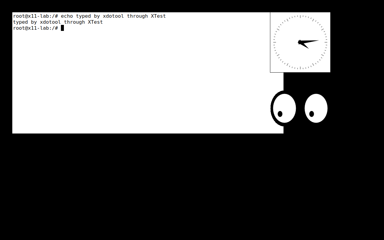 The X11 lab after step 5: xterm with the injected command, xclock, and xeyes following the pointer